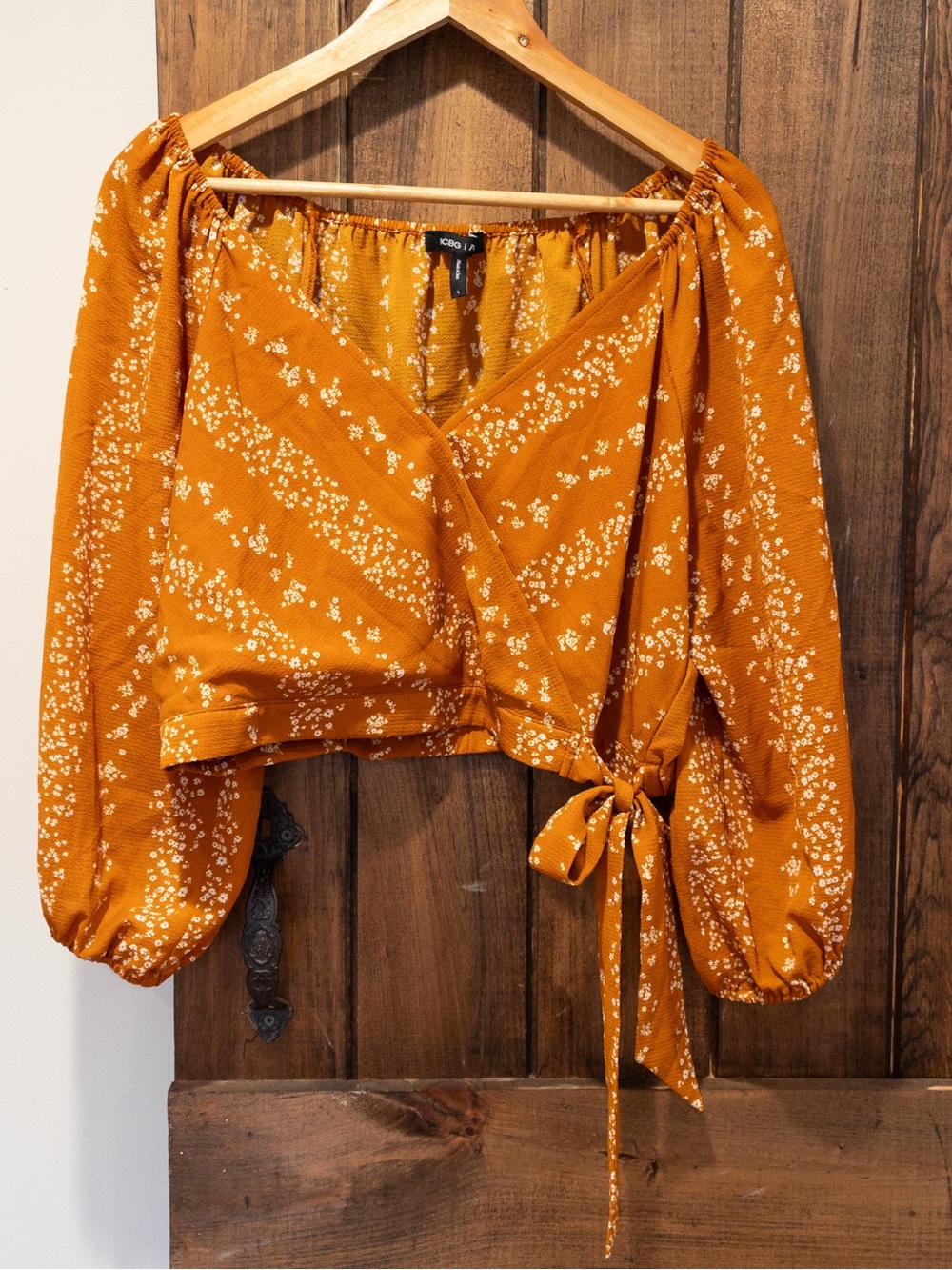 BCBG Paris Burnt Orange & Cream Floral Print Faux Wrap Crop Blouse Large